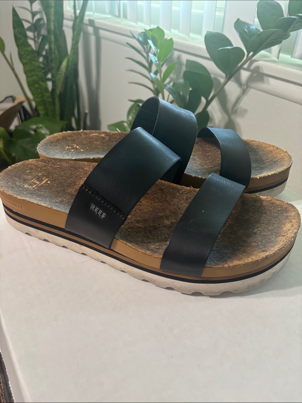 Reef Women’s Black Double-Strap Slide Sandals with Platform Sole